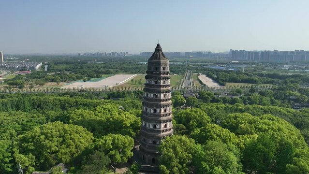 The stone tower on Tiger hill which is a famous scenic spot in Suzhou city, Jiangsu province, China.
