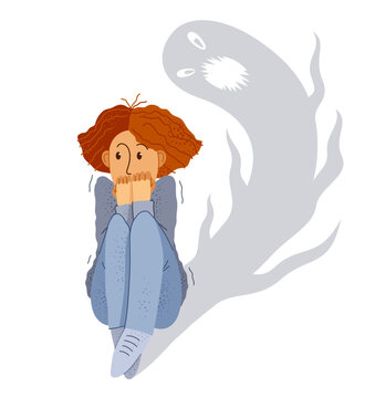 Sciophobia fear of shadows vector illustration, girl is scared by her own shadow with imaginary scary face scared in panic attack, psychology mental health concept.