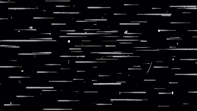 White dots and vertical scratches on a black screen. Vintage film damage effect. Stock video with retro overlay for social networks and stories in 4K with alpha channel.