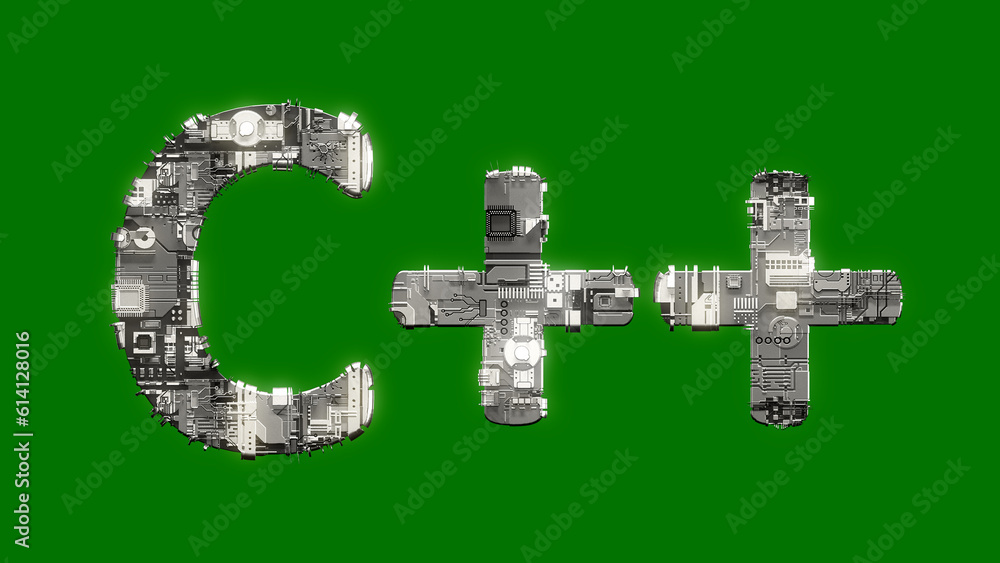 Poster industrial style cybernetical text c++ on chroma key screen bg, isolated - object 3d illustration