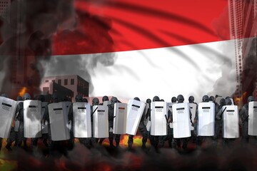 Luxembourg protest fighting concept, police swat on city street are protecting law against disorder - military 3D Illustration on flag background