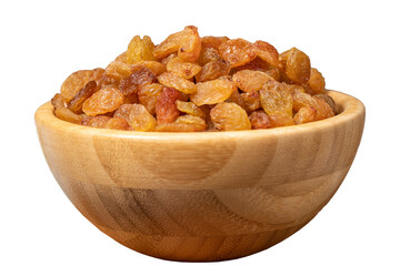Raisins isolated on white background. Sun-dried grapes in wooden bowl. superfood. Vegetarian food concept. healthy snacks. close up