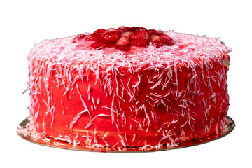 Raspberry and Strawberry Cake. Birthday or celebration cake. Cream cake isolated on white background. Close up