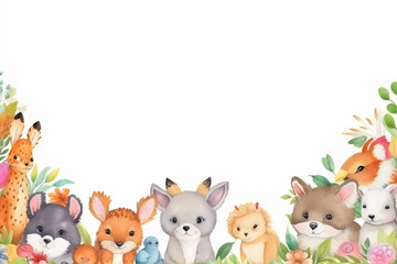 Obraz premium cute animal creatures watercolor frame bottom edge with copy space made with generative ai