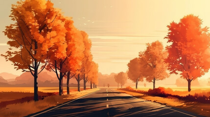 Naklejka na ściany i meble Beautiful view of empty asphalt road in autumn. Generative Ai