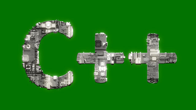 industrial style cybernetical text C++ on chroma key screen bg, isolated - object 3D illustration