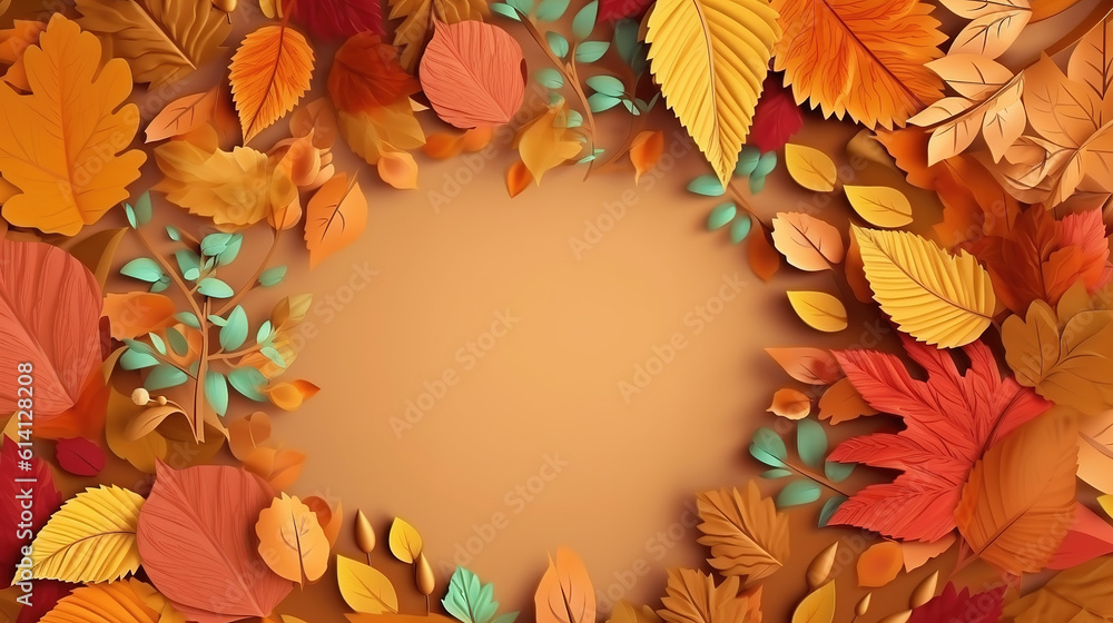 Aufkleber autumn surface with frame for text and leaves, bright color. generative ai