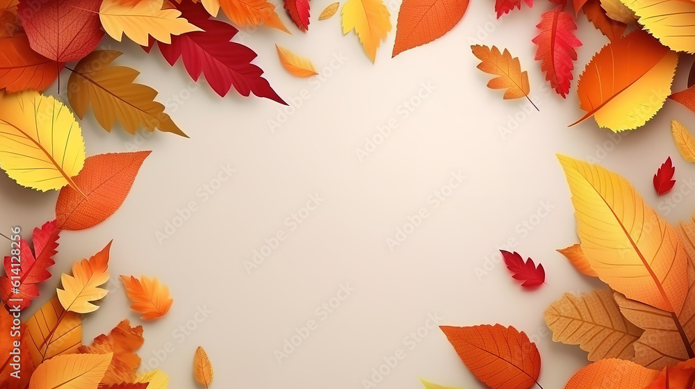 Poster beautiful autumn background with fallen leaves with place for text top view. generative ai