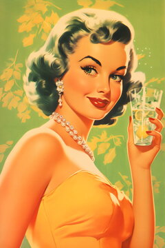 pinup model in yellow holding glass cocktail, 40s, 50s painting made with generative ai