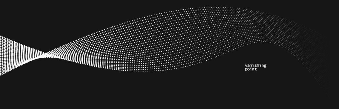 Smooth and relaxing shape vector abstract background with wave of flowing particles over black, curve lines of dots in motion, tranquil and soft image.