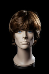 male wig head mannequin with brown toupee hair isolated on black background, made with generative ai