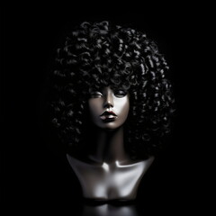 Obraz premium wig head poc mannequin with curly hair isolated on black background, made with generative ai