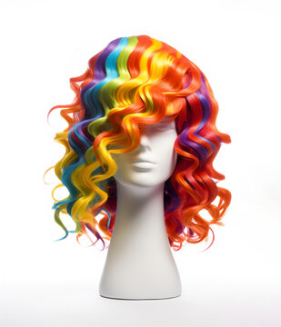 wig head mannequin with rainbow curly hair isolated on white background, made with generative ai