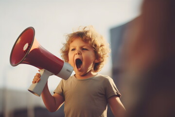 child with megaphone yelling in anger, created with generative ai	