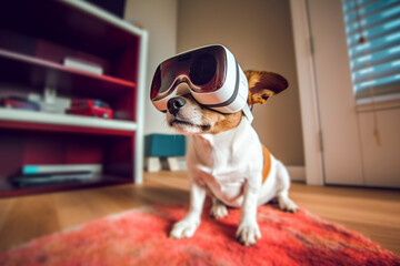 Obraz na płótnie Canvas Cute dog with VR headset exploring the metaverse created with Generative AI technology