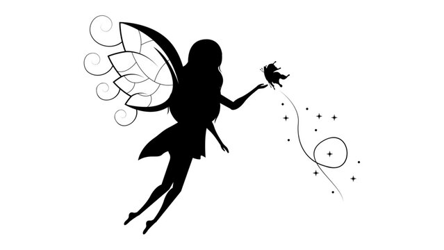 Abstract Black Line Silhouette Fairy With Wings And Butterfly Vector Icon Nature Design Style Decoration Cartoon Background Isolated