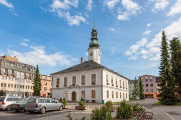 Naklejka premium City Hall and Square in the town of Jesenik in Moravia in the Czech Republic.