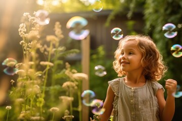 A close - up shot of a joyful child blowing bubbles in a vibrant garden. Generative AI