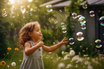 A close - up shot of a joyful child blowing bubbles in a vibrant garden. Generative AI