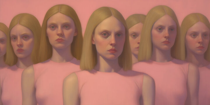 group of identical serious, blonde women doppelg&auml;ngers wearing pink, painting made with generative ai 