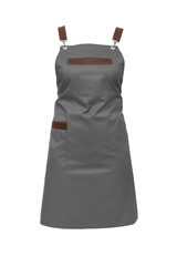 Grey apron for waiters, kitchen workers with brown straps and pocket isolated on a white background. A blank,a layout for a mannequin, a model.