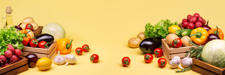 Lots of fresh ripe vegetables on a yellow background. Cabbage, potatoes, cucumbers, peppers, garlic, tomatoes, eggplant, lettuce. Vegetable oil.