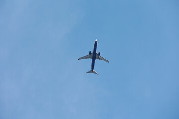 The plane flies in the clear sky.