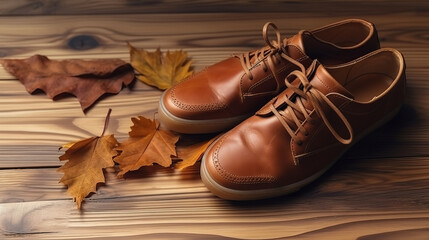 Fototapeta na wymiar Male shoes collectionon wooden background. Men's fashion leather shoes flat lay. Generative Ai