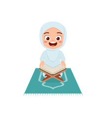 little muslim kid show pray pose and read quran