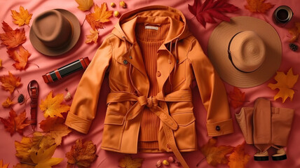 Top view shot of autumn background. fall woman`s clothes flat lay picture. Generative Ai