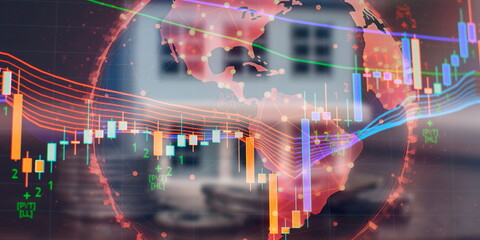 Double exposure of stock market graph and world map on digital screen.
