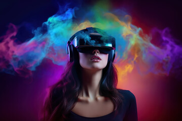 Portrait of a young girl wearing virtual reality goggles on dreamy colorful smoke. Future technology concept. created with generative AI technology.