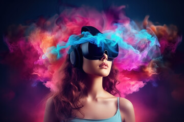 Portrait of a young girl wearing virtual reality goggles on dreamy colorful smoke background. Future technology concept. created with generative AI technology.