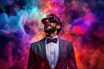 Fototapeta premium businessman wearing virtual reality goggles. Dreamy colored powder background. Future technology concept. created with generative AI technology.