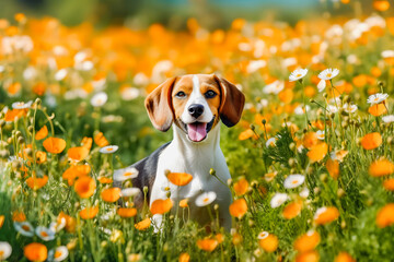 Enchanting Moments: Beagle Captivated by a Blossoming Flower Field