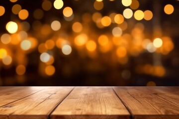 rustic wooden table in front of glitter black and gold bokeh lights Generative AI
