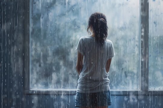 A woman standing in front of a window during a heavy rain. generative AI