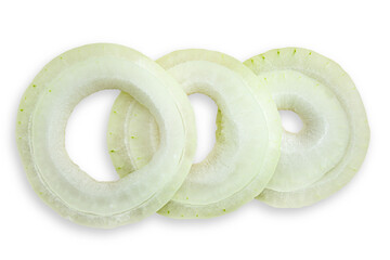 Onion cut into rings isolated on transparent background.