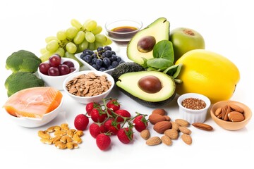 Healthy food clean eating selection: fruit, vegetable, seeds, superfood, cereal, leaf vegetable on gray concrete background. Generative AI