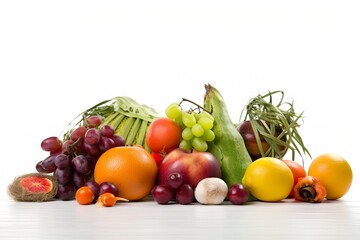 Fototapeta na wymiar Healthy food clean eating selection: fruit, vegetable, seeds, superfood, cereal, leaf vegetable on gray concrete background. Generative AI