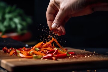 Handsome chef sprinkling ground red chili pepper and paprika. Generative AI