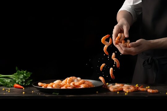 Professional chef prepares and cook shrimps and prawns with chili in a black background. Generative AI