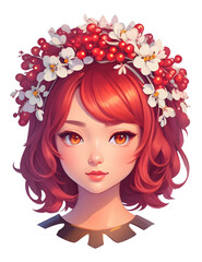 portrait of the girl with a flower and berry wreath, Generative AI, 