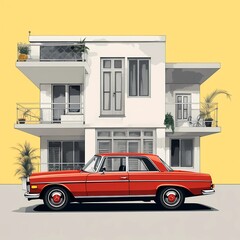 A red car standing outside a house, minimalist style, minimalism, illustration, Generative Ai