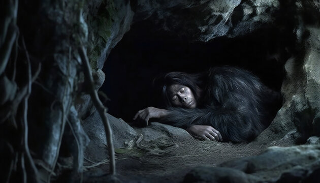 Artistic recreation of a hominid sleeping in a cave. Illustration AI