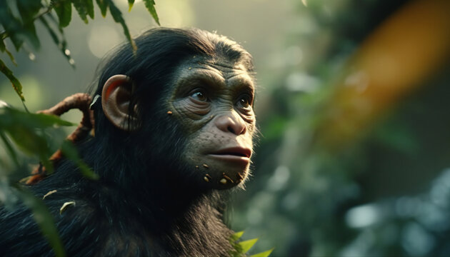 Artistic recreation of a hominid female looking with attention in the jungle. Illustration AI