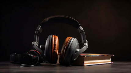 Book and headphones near swimming pool. Generative Ai