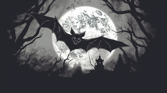 Halloween spooky background with a full moon and bats. AI generated