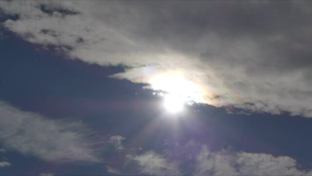 Cloudscape with sky moving clouds with Lenticular clouds and colorful Nacreous clouds, Cloud iridescence, irisation around sun -  time lapse and slow motion.