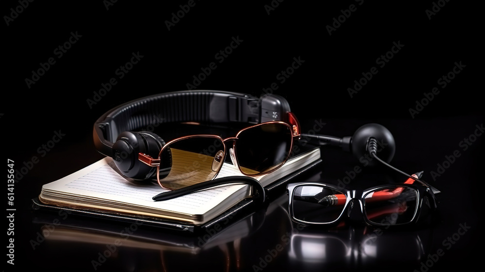 Poster call center service operator empty working place. headset, glasses. generative ai